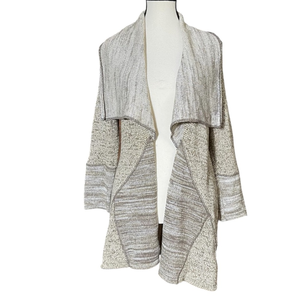Nutral Earth Tone Open Cardigan Sweater Woven Gold Treads in Collar S